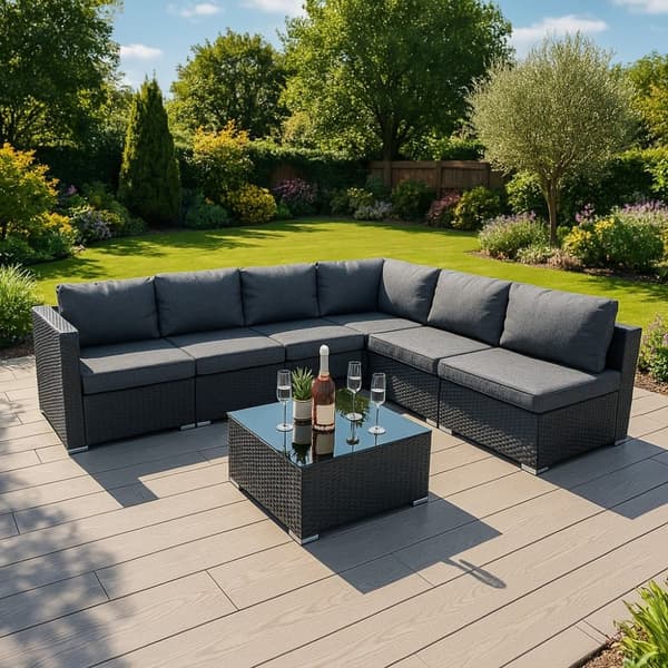 Rattan Modular Garden Furniture Set & Storage Box Sofa Sectional Chairs With Cushions Coffee Table Waterproof Lining Chest Gas Lift Lid Wheels Outdoor