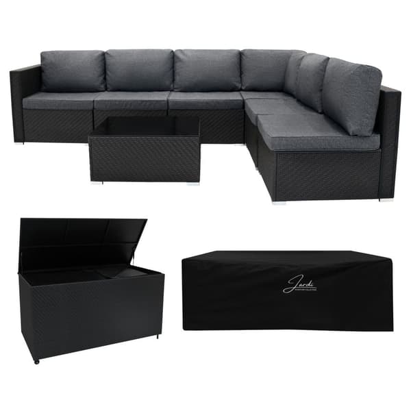 Rattan Modular Garden Furniture Set & Storage Box Sofa Sectional Chairs With Cushions Coffee Table Waterproof Lining Chest Gas Lift Lid Wheels Outdoor