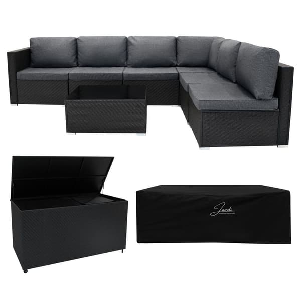 Rattan Modular Garden Furniture Set & Storage Box Sofa Sectional Chairs With Cushions Coffee Table Waterproof Lining Chest Gas Lift Lid Wheels Outdoor