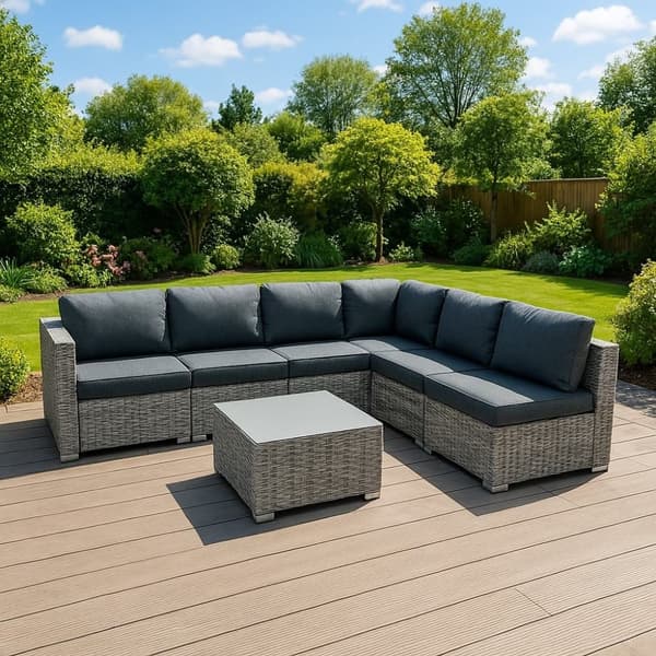 Rattan Modular Garden Furniture Set & Storage Box Sofa Sectional Chairs With Cushions Coffee Table Waterproof Lining Chest Gas Lift Lid Wheels Outdoor