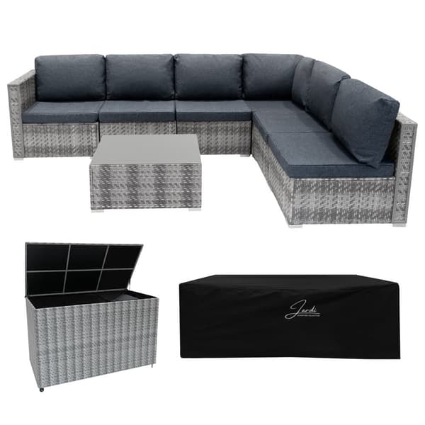 Rattan Modular Garden Furniture Set & Storage Box Sofa Sectional Chairs With Cushions Coffee Table Waterproof Lining Chest Gas Lift Lid Wheels Outdoor