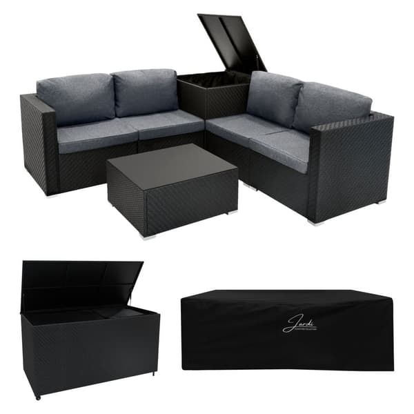 Rattan Modular Garden Furniture Set & Storage Box Sofa Sectional Chairs With Cushions Coffee Table Waterproof Lining Chest Gas Lift Lid Wheels Outdoor