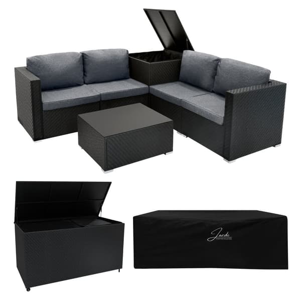 Rattan Modular Garden Furniture Set & Storage Box Sofa Sectional Chairs With Cushions Coffee Table Waterproof Lining Chest Gas Lift Lid Wheels Outdoor