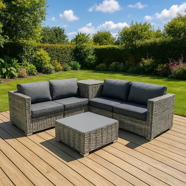 Rattan Modular Garden Furniture Set & Storage Box Sofa Sectional Chairs With Cushions Coffee Table Waterproof Lining Chest Gas Lift Lid Wheels Outdoor