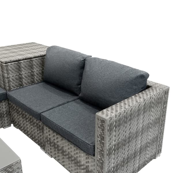 Rattan Modular Garden Furniture Set & Storage Box Sofa Sectional Chairs With Cushions Coffee Table Waterproof Lining Chest Gas Lift Lid Wheels Outdoor