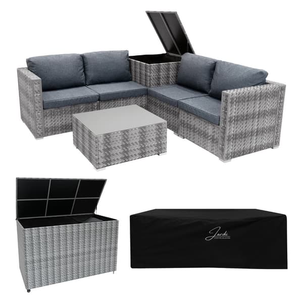 Rattan Modular Garden Furniture Set & Storage Box Sofa Sectional Chairs With Cushions Coffee Table Waterproof Lining Chest Gas Lift Lid Wheels Outdoor