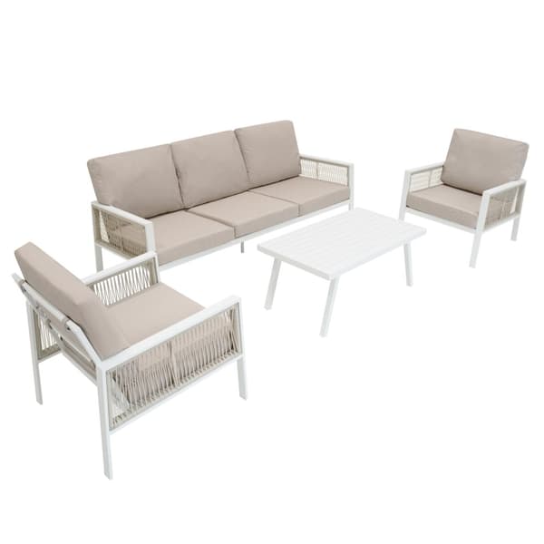 Garden Furniture Set 5 SEATS in Aluminum | 4 parts: 3-seater sofa, 2 armchairs and coffee table | Washable Cushions and Waterproof Cover | Elegant and
