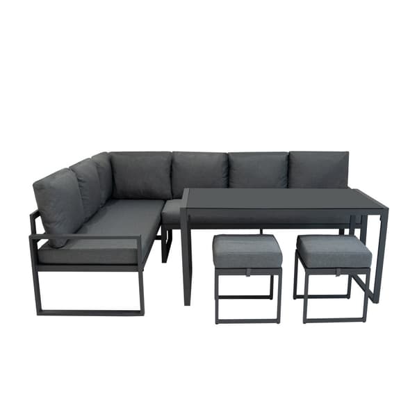 Aluminium 7-seater corner sofa set | Sofa + 2 Stools + Table with Tempered Glass Top + Waterproof Cover | Washable Cushions, Modern and Durable