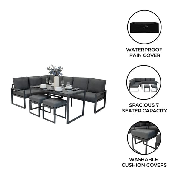 Aluminium 7-seater corner sofa set | Sofa + 2 Stools + Table with Tempered Glass Top + Waterproof Cover | Washable Cushions, Modern and Durable