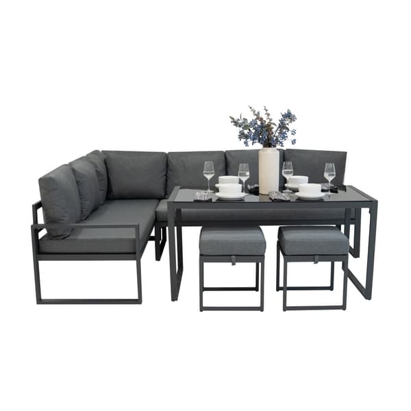 Aluminium 7-seater corner sofa set | Sofa + 2 Stools + Table with Tempered Glass Top + Waterproof Cover | Washable Cushions, Modern and Durable