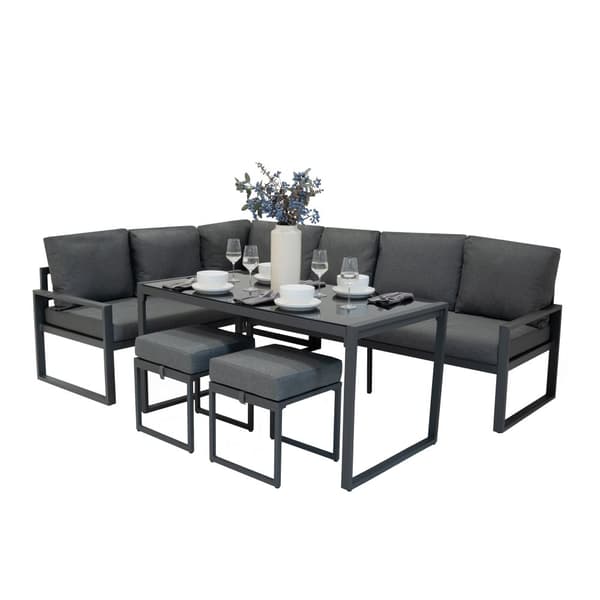 Aluminium 7-seater corner sofa set | Sofa + 2 Stools + Table with Tempered Glass Top + Waterproof Cover | Washable Cushions, Modern and Durable