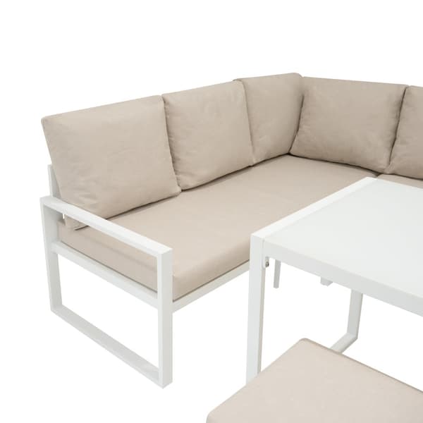 Aluminium 7-seater corner sofa set | Sofa + 2 Stools + Table with Tempered Glass Top + Waterproof Cover | Washable Cushions, Modern and Durable