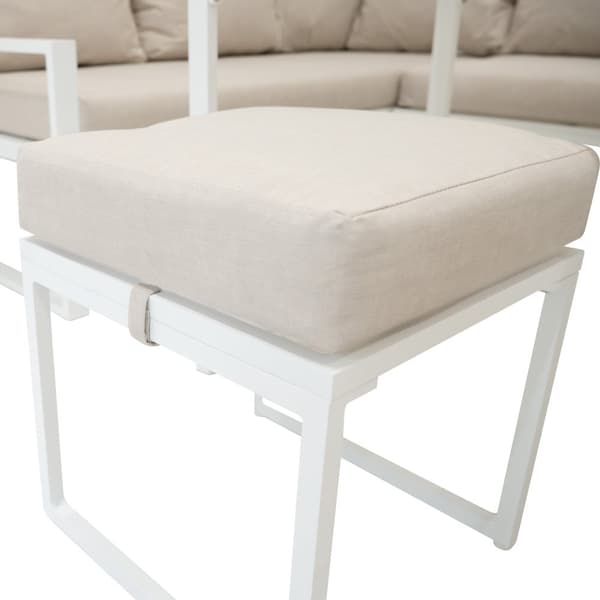 Aluminium 7-seater corner sofa set | Sofa + 2 Stools + Table with Tempered Glass Top + Waterproof Cover | Washable Cushions, Modern and Durable