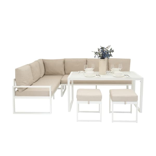Aluminium 7-seater corner sofa set | Sofa + 2 Stools + Table with Tempered Glass Top + Waterproof Cover | Washable Cushions, Modern and Durable