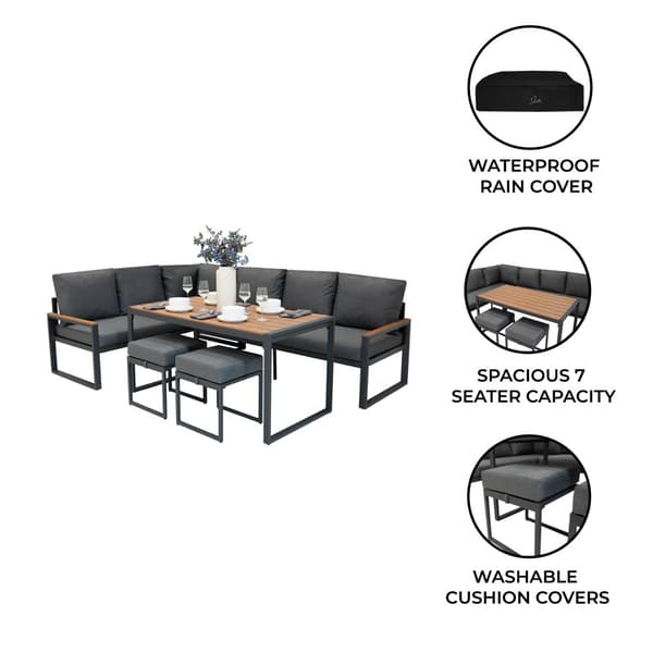 Hörnsoffset i Aluminium 7-sits | Soffa + 2 Pallar + Bord med Härdad Glasskiva + Vattentät Överdrag | Tvättbara Dynor, Modern och Hållbar