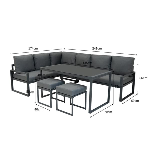 Havemøbelsæt Antracitgrå Aluminium med Sort Opbevaringskasse i Rattan – Udendørs Hjørnesofa til 7 Personer med Spisebord, Skamler, Hynder og 582L