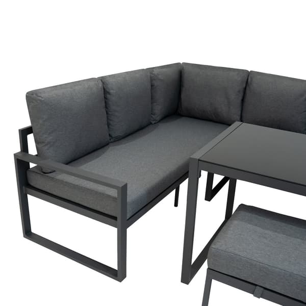 Havemøbelsæt Antracitgrå Aluminium med Sort Opbevaringskasse i Rattan – Udendørs Hjørnesofa til 7 Personer med Spisebord, Skamler, Hynder og 582L