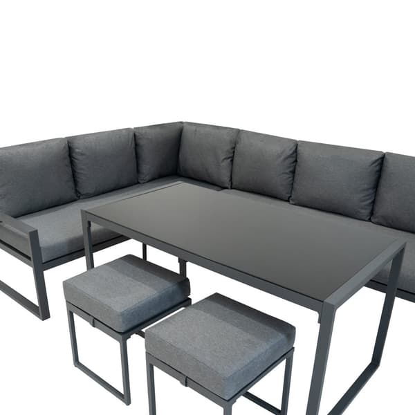 Havemøbelsæt Antracitgrå Aluminium med Sort Opbevaringskasse i Rattan – Udendørs Hjørnesofa til 7 Personer med Spisebord, Skamler, Hynder og 582L