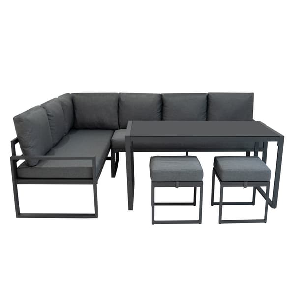 Havemøbelsæt Antracitgrå Aluminium med Sort Opbevaringskasse i Rattan – Udendørs Hjørnesofa til 7 Personer med Spisebord, Skamler, Hynder og 582L