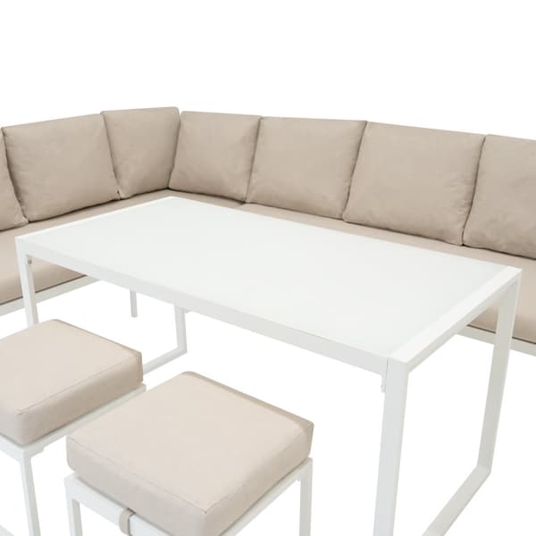 Havemøbelsæt Antracitgrå Aluminium med Sort Opbevaringskasse i Rattan – Udendørs Hjørnesofa til 7 Personer med Spisebord, Skamler, Hynder og 582L