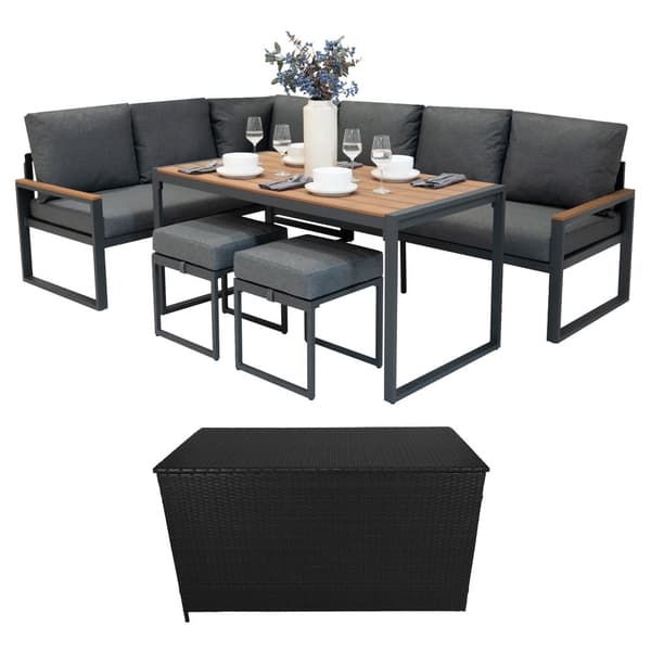 Garden Furniture Set Anthracite Grey Aluminium With Rattan Storage Box Black 7 Seater Outdoor Corner Sofa Dining Table Stools Cushions 582L Puu