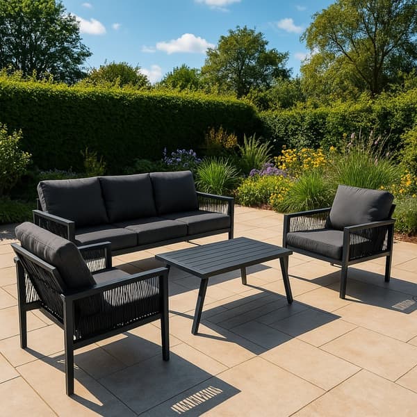 Havemøbelsæt 4-delt Aluminium med Sort Opbevaringskasse i Rattan – Udendørs 3-personers Sofa, 2 Lænestole, Sofabord, Hynder, 582L