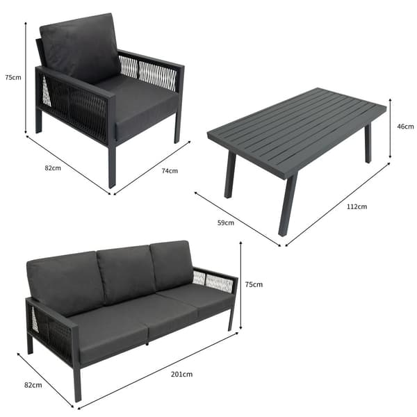 Havemøbelsæt 4-delt Aluminium med Sort Opbevaringskasse i Rattan – Udendørs 3-personers Sofa, 2 Lænestole, Sofabord, Hynder, 582L