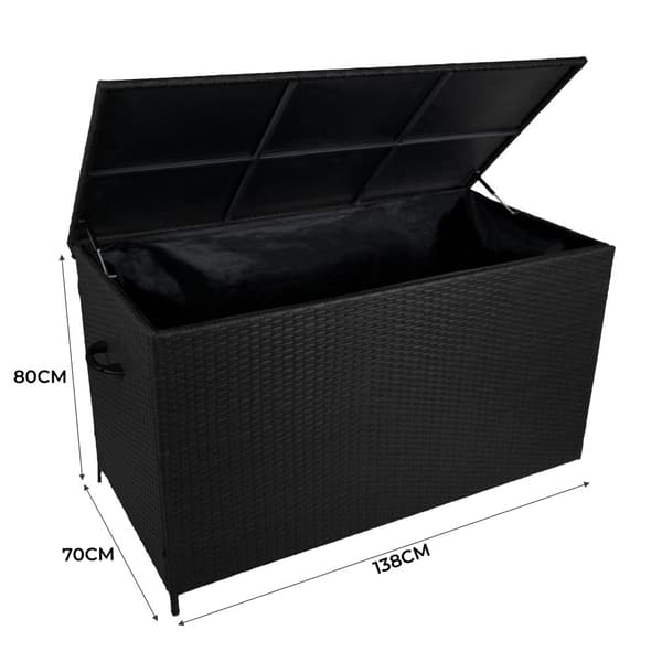 Havemøbelsæt 4-delt Aluminium med Sort Opbevaringskasse i Rattan – Udendørs 3-personers Sofa, 2 Lænestole, Sofabord, Hynder, 582L
