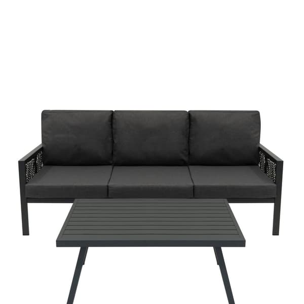 Havemøbelsæt 4-delt Aluminium med Sort Opbevaringskasse i Rattan – Udendørs 3-personers Sofa, 2 Lænestole, Sofabord, Hynder, 582L