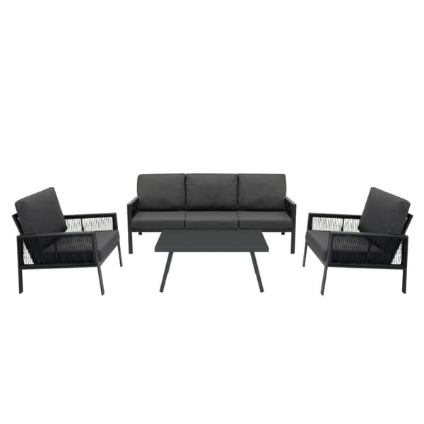 Havemøbelsæt 4-delt Aluminium med Sort Opbevaringskasse i Rattan – Udendørs 3-personers Sofa, 2 Lænestole, Sofabord, Hynder, 582L