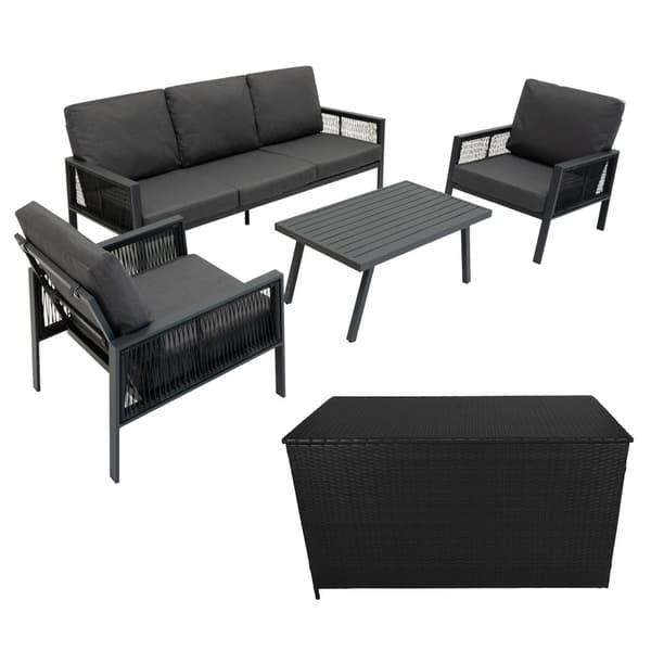Havemøbelsæt 4-delt Aluminium med Sort Opbevaringskasse i Rattan – Udendørs 3-personers Sofa, 2 Lænestole, Sofabord, Hynder, 582L