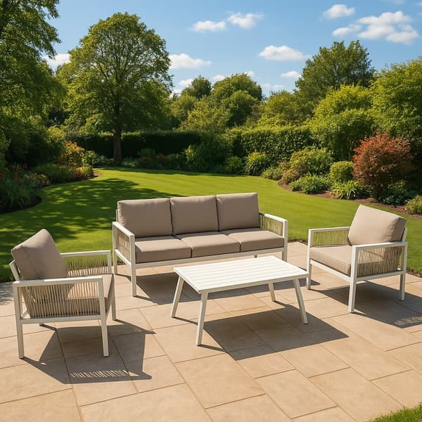 Havemøbelsæt 4-delt Aluminium med Sort Opbevaringskasse i Rattan – Udendørs 3-personers Sofa, 2 Lænestole, Sofabord, Hynder, 582L