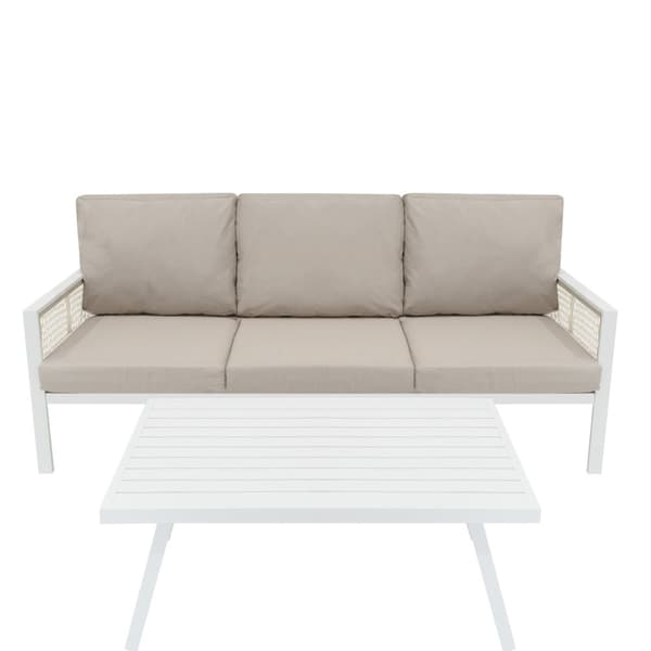 Havemøbelsæt 4-delt Aluminium med Sort Opbevaringskasse i Rattan – Udendørs 3-personers Sofa, 2 Lænestole, Sofabord, Hynder, 582L