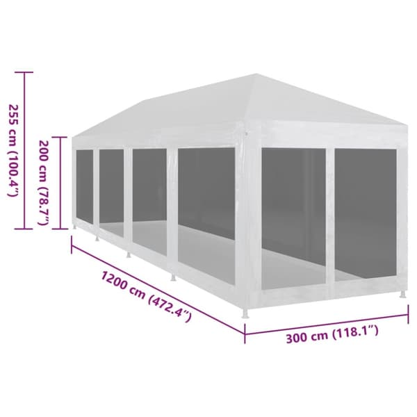 vidaXL Festtelt med 10 sidevegger av netting 12x3 m