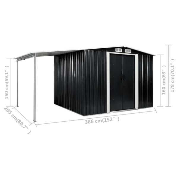 vidaXL haveskur med skydedøre 386 x 205 x 178 cm stål antracitgrå
