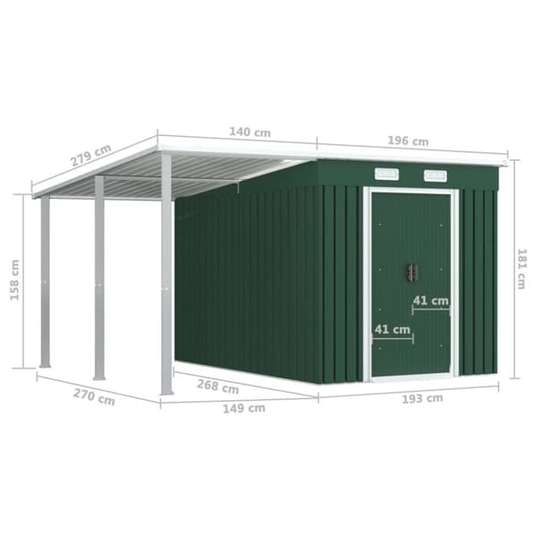 vidaXL Hageskur med utvidet tak grønn 336x270x181 cm stål