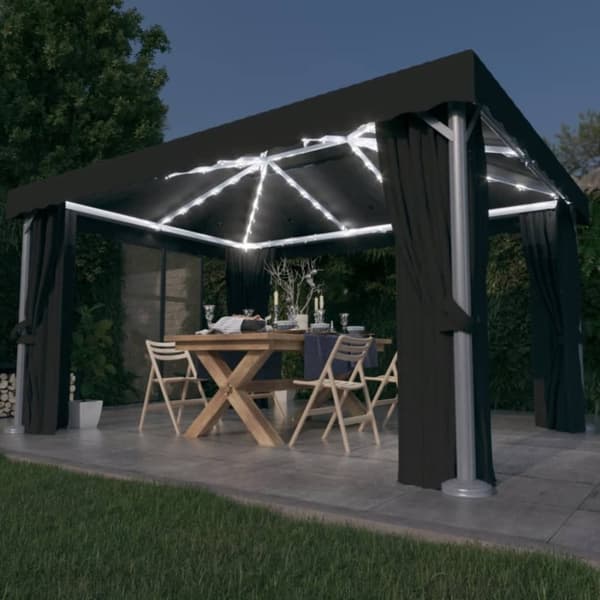 vidaXL Huvimaja verhoilla ja LED-valonauhoilla 4x3 m antrasiitti