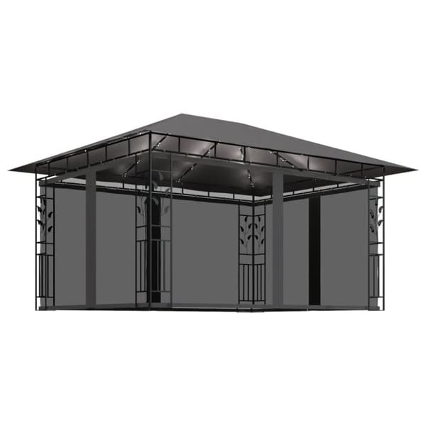 vidaXL pavillon med myggenet og LED-lyskæder 4x3x2,73 m antracitgrå