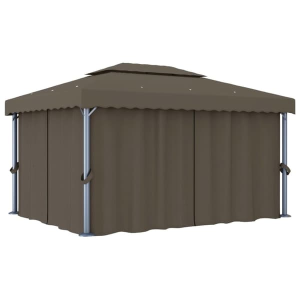 vidaXL pavillon med gardin og LED-lyskæder 4x3 m gråbrun