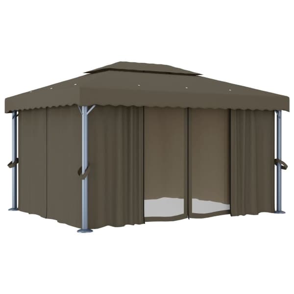 vidaXL pavillon med gardin og LED-lyskæder 4x3 m gråbrun