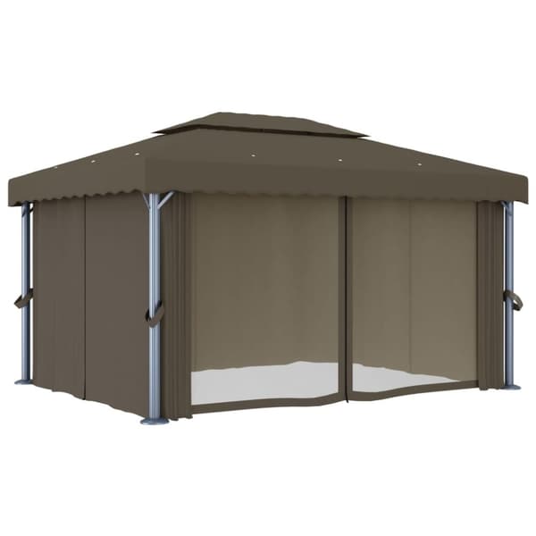 vidaXL pavillon med gardin og LED-lyskæder 4x3 m gråbrun