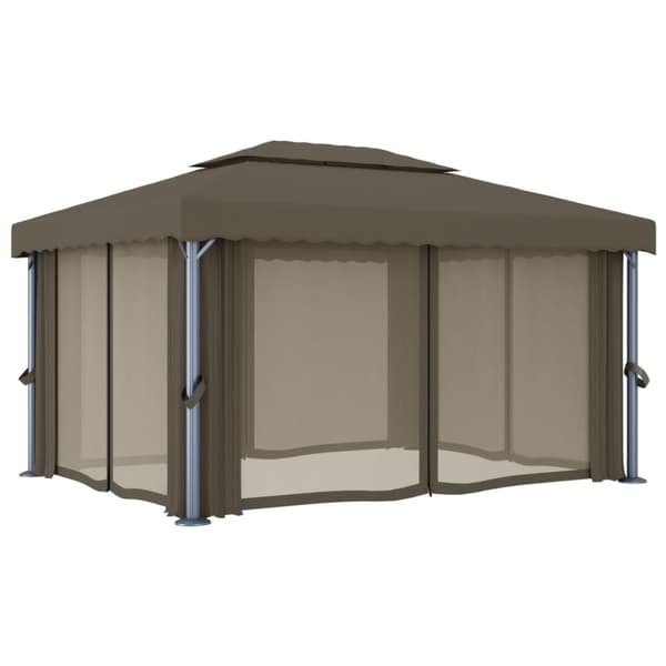 vidaXL pavillon med gardin og LED-lyskæder 4x3 m gråbrun