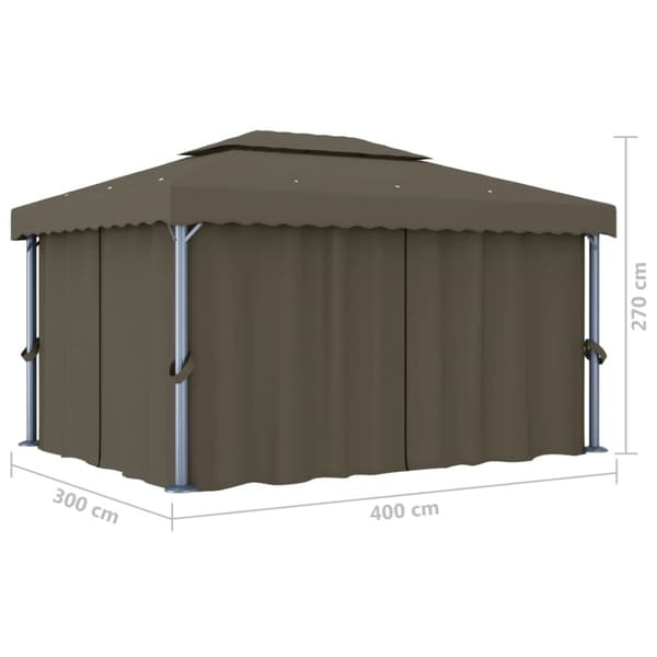vidaXL pavillon med gardin og LED-lyskæder 4x3 m gråbrun