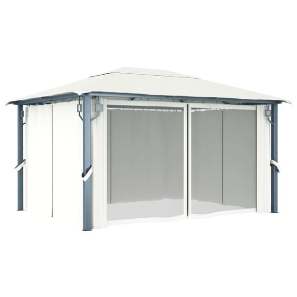 vidaXL Paviljong med gardin & ljusslinga LED 4x3 m gräddvit aluminium