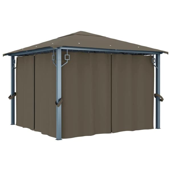 vidaXL Paviljong med gardin og LED-strenglys 3x3 m gråbrun aluminium