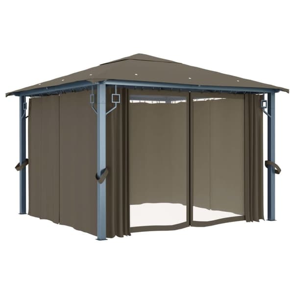 vidaXL Paviljong med gardin og LED-strenglys 3x3 m gråbrun aluminium