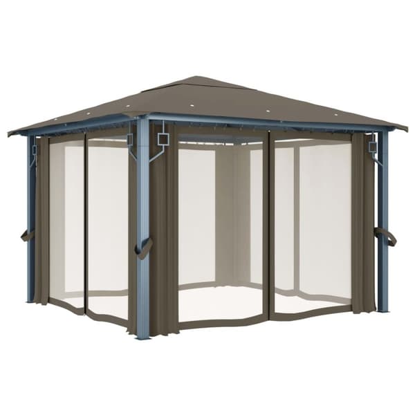 vidaXL Paviljong med gardin og LED-strenglys 3x3 m gråbrun aluminium