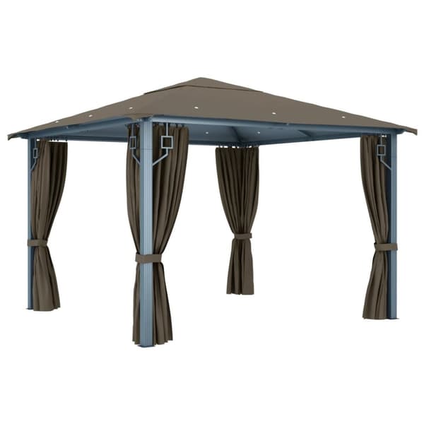 vidaXL Paviljong med gardin og LED-strenglys 3x3 m gråbrun aluminium