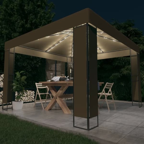 vidaXL Paviljong med dobbelt tak og LED-lysslynge 3x3x2,7m gråbrun
