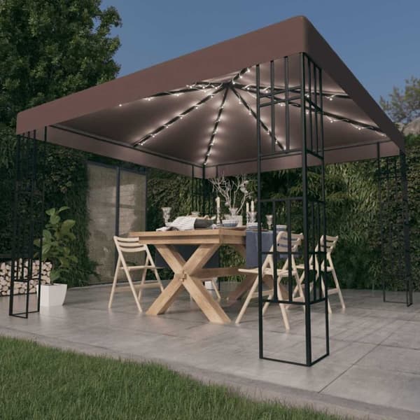 vidaXL pavillon med LED-lyskæder 3x3 m gråbrun